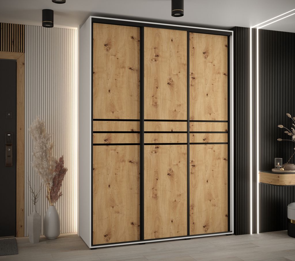 Kleiderschrank YVONA 10 - 170/45 cm, weiß / Eiche handwerklich / schwarz