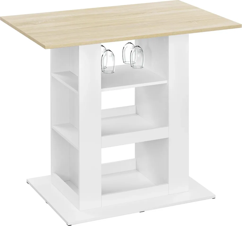 Table haute rectangulaire 105 cm bois clair avec étagères et rangement