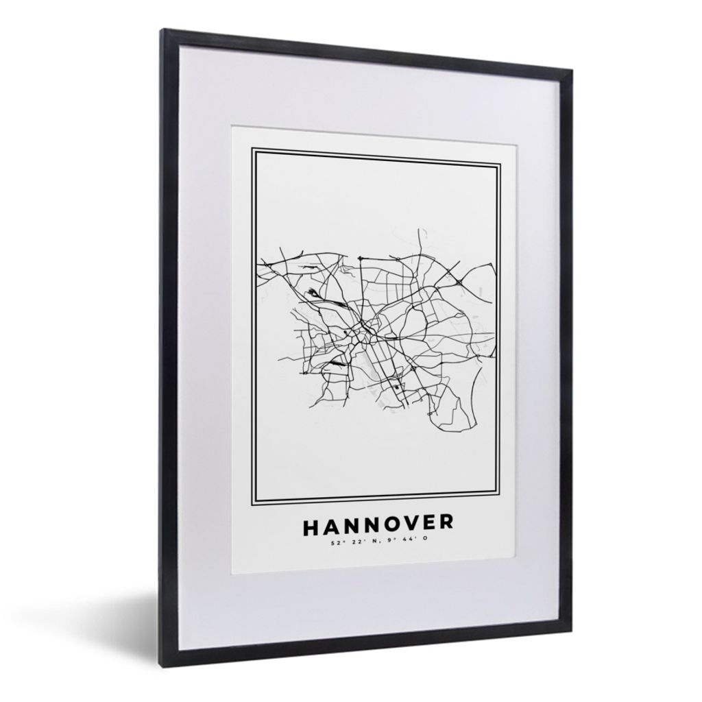 MuchoWow Gerahmtes Poster Stadtplan - Schwarz-weiß - Karte - Hannover - Deutschland - Karte 30x40 cm - Poster mit Schwarzem Bilderrahmen Wandpos...