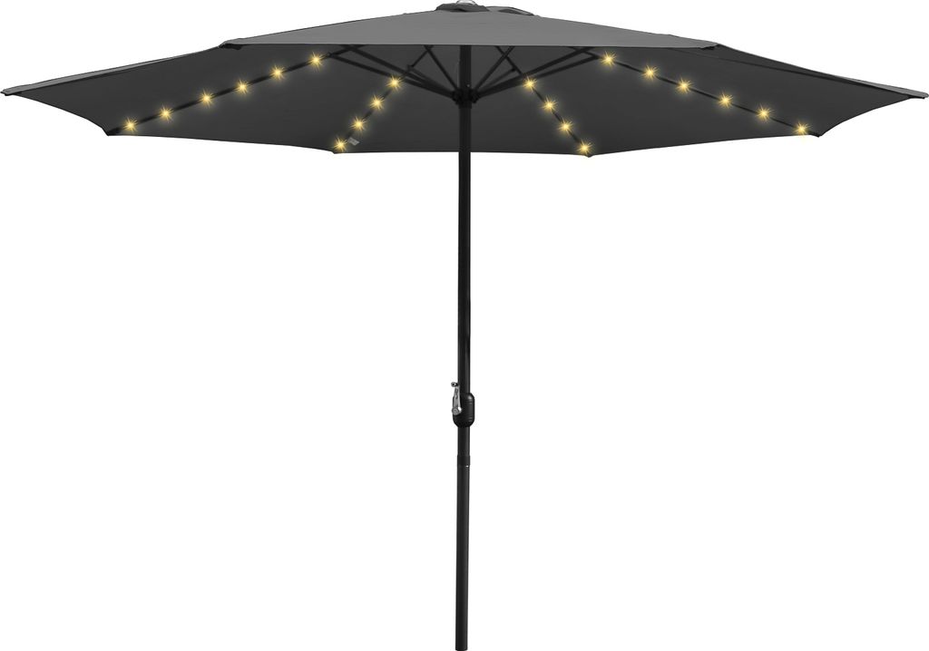 Clanmacy Sonnenschirm Ampelschirm 350 cm mit LED Solar, UV-Schutz, Kurbel - Grau - Gartenschirm Marktschirm Kurbelschirm