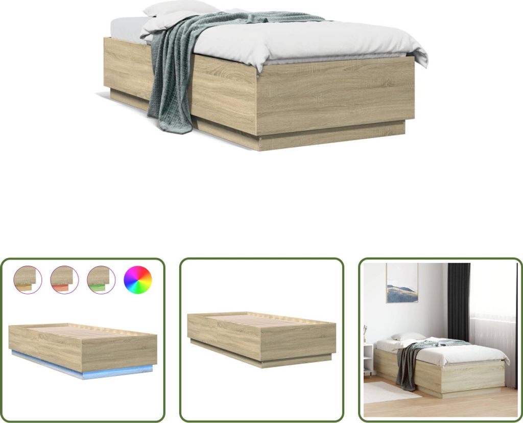 The Living Store Bettgestell mit LED Sonoma-Eiche 90x200 cm Holzwerkstoff