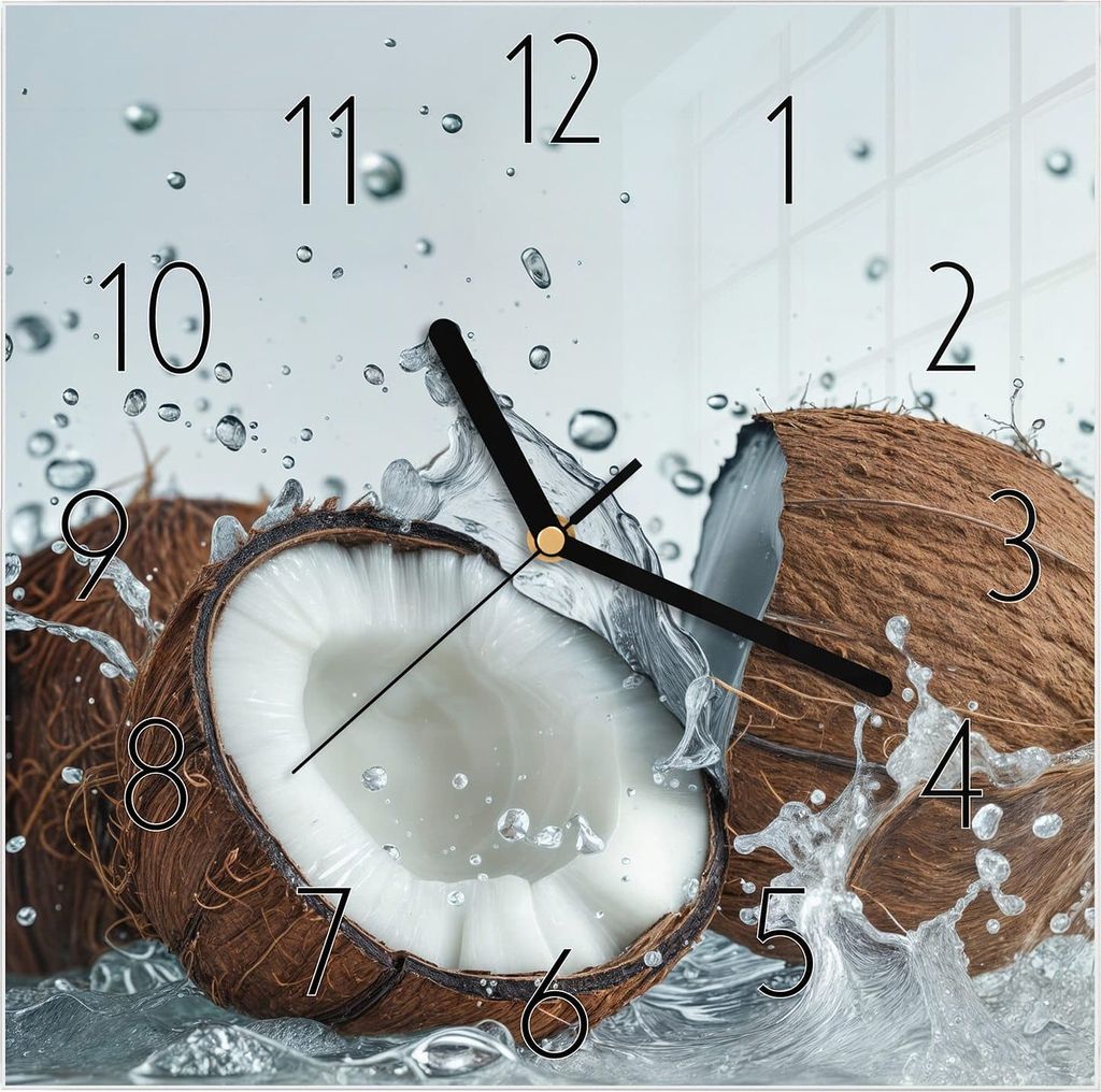 Wanduhr aus Glas mit Motiv Kokosnuss Wasserplatsch- 30 x 30 cm - inkl. Aufhängesystem