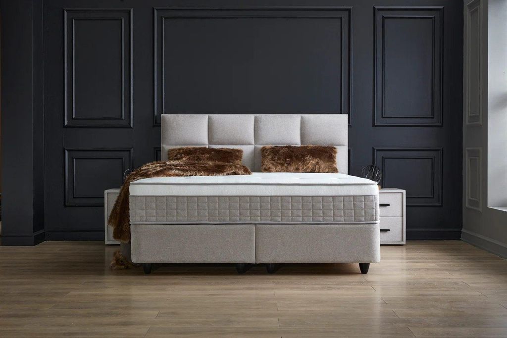 Boxspringbett Ayana 90 x 200 cm Hellgrau/Beige Voll-orthopädisches Komfortbett mit Bettkasten, Stauraum, inkl. Lieferung und Montage