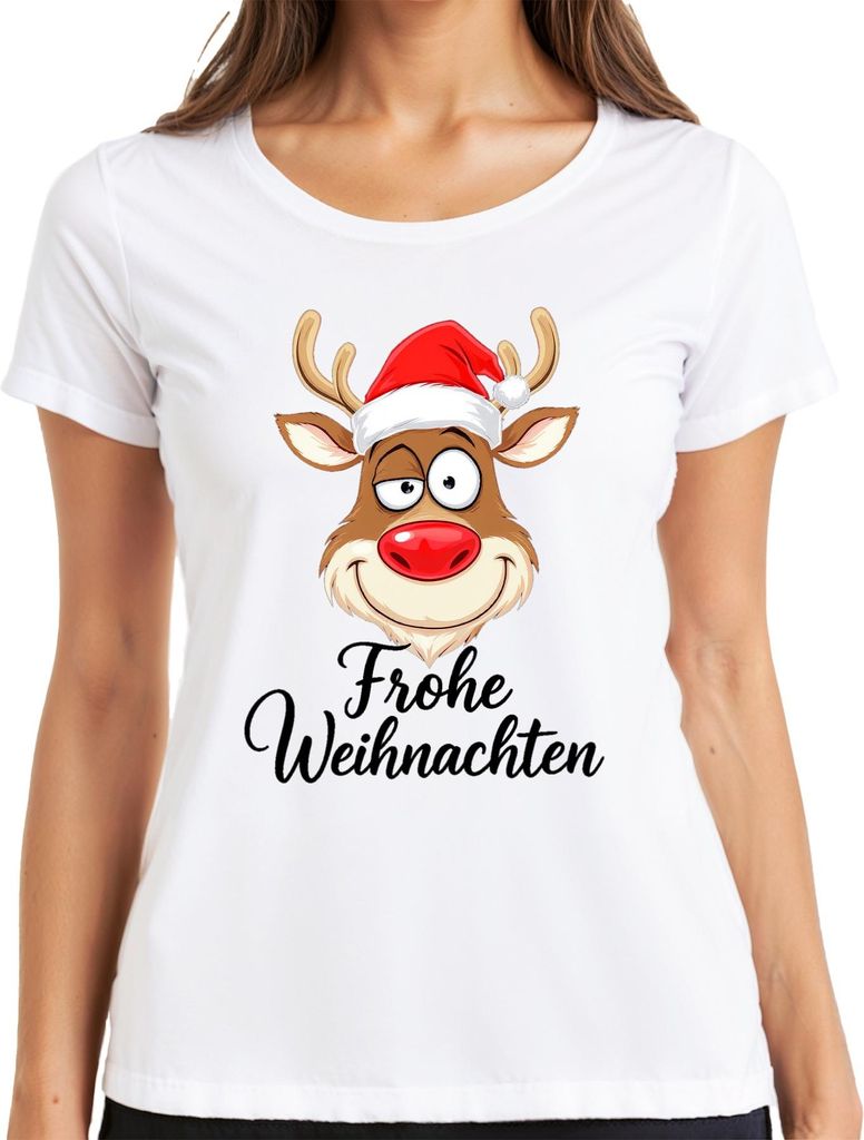 Frohe Weihnachten Rentier Rudolph Weihnachtsmütze Lustig Cartoon Damen T-Shirt, Weiß, 3XL