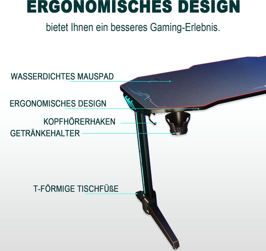 SONNI biurko gamingowe 140×75×60 cm z oświetleniem RGB 7 Zdjęcie produktu 11