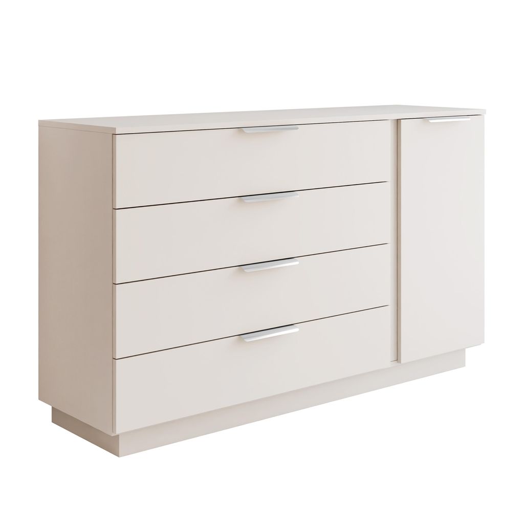Kommode LINA KASZMIR 1D4S auf einem Sockel mit LED-Beleuchtung silberne Griffe, Breite 140 cm