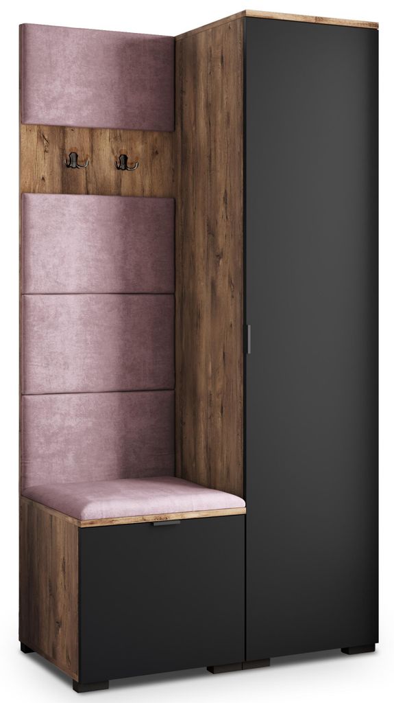 Masseno Garderobe-Set LORI 95/181/51 cm Modern Garderobenschrank Eiche Lefkas, Veloursstoff MONOLITH 62 (Lila)