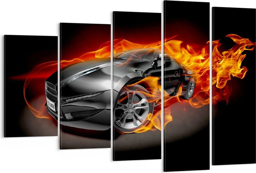 Bild auf Leinwand - Leinwandbild - Sportwagen Feuer Flammen Rauch - 150x100cm - Wand Bild - Wanddeko - Leinwanddruck - Bilder - Kunstdruck - Leinwa...