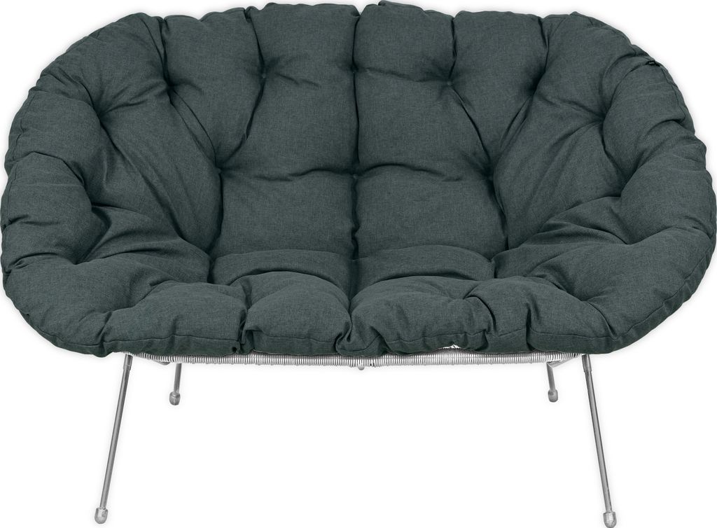 A dark gray tufted cushion on a modern metal frame.