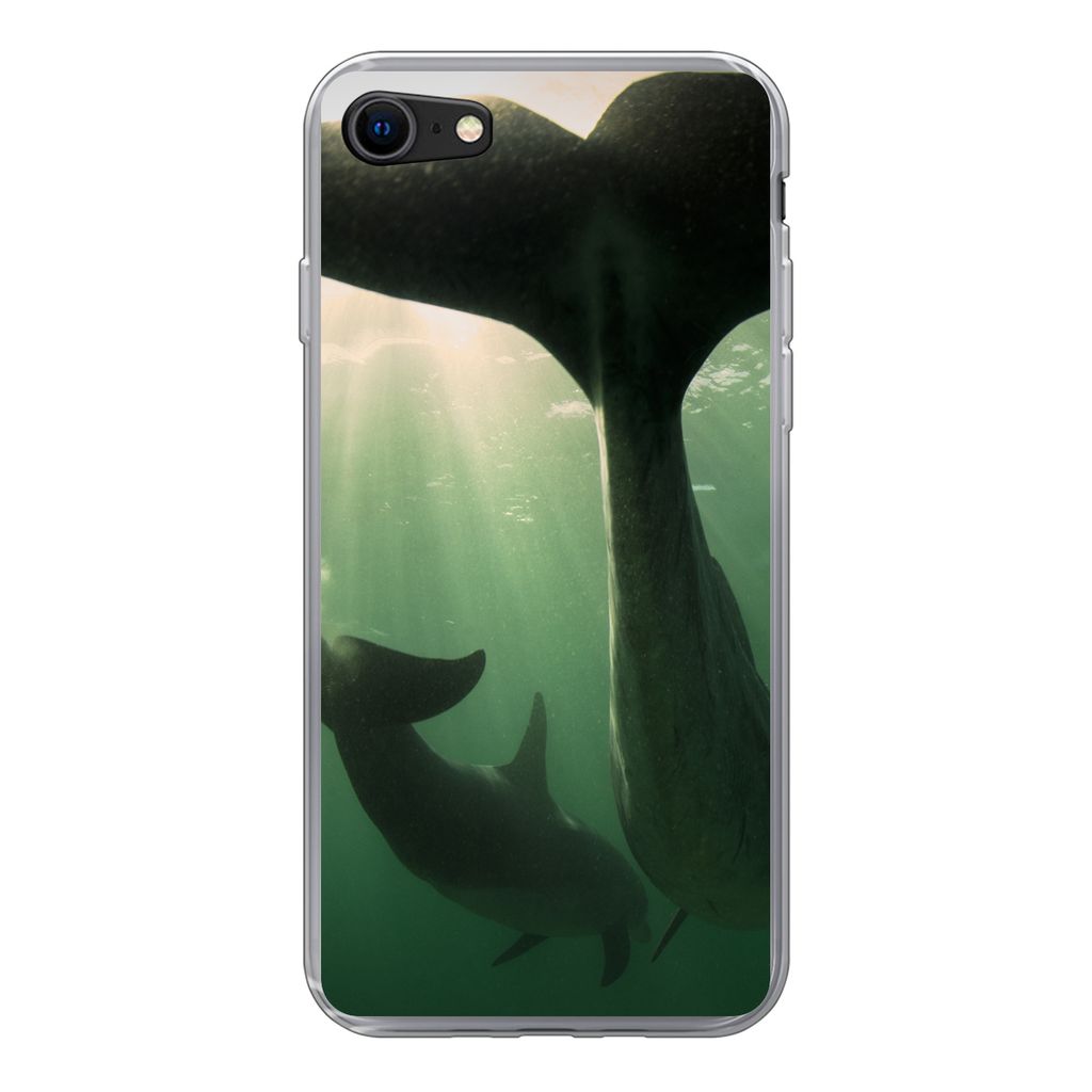 MuchoWow Handyhülle Schutzhülle Hülle für iPhone SE 2020 Delfin - Wasser - Blau Silikon Softcase Handy Hülle - Kartenbesitzer