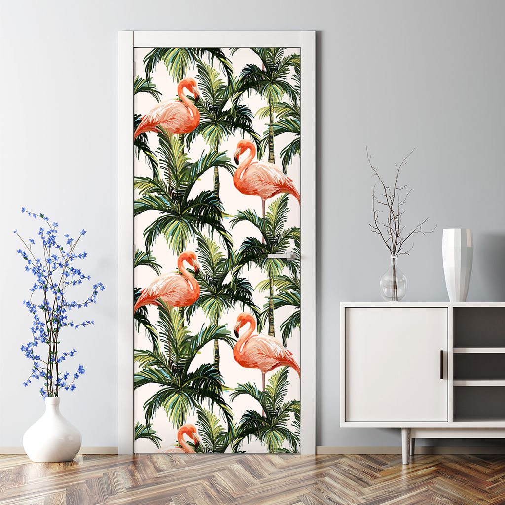Dekorative Aufkleber selbstklebend Türaufkleber Türposter dekoration Flamingo und Palmen 77 x 200 cm