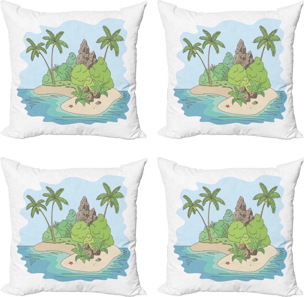 ABAKUHAUS Grafik-Strand Kissenbezug Set (4 Stück), Insel Doodle Botanik, Moderner Doppelseitiger Digitaldruck, 50 cm x 50 cm, Mehrfarbig