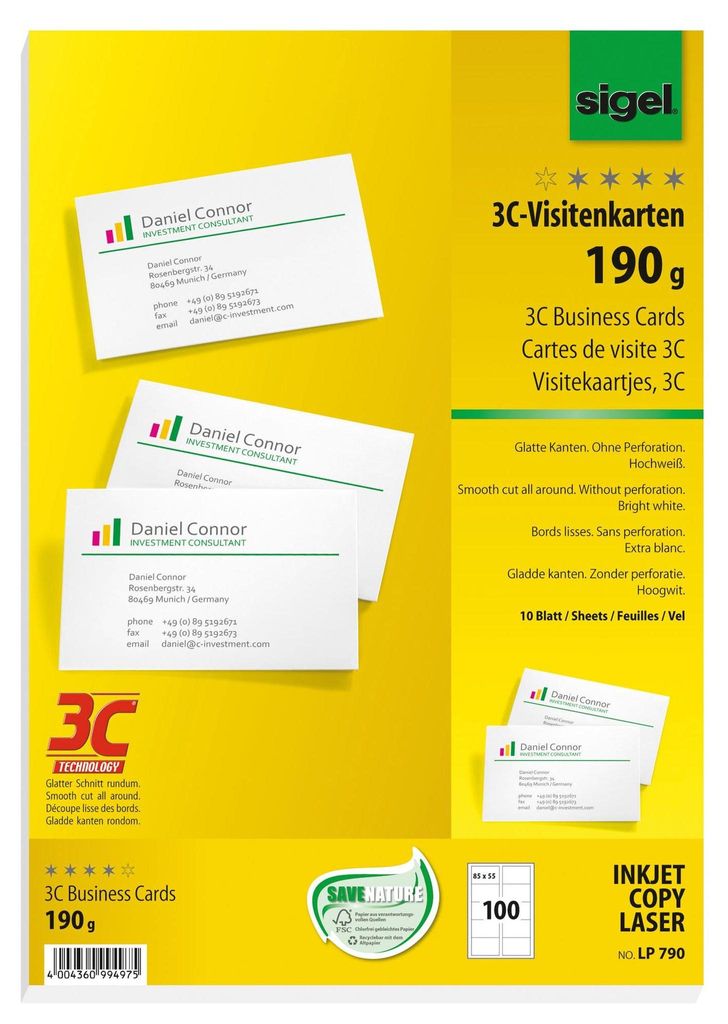 SIGEL LP790 Visitenkarten, 3C, glatter Schnitt rundum, 190 Produktbild 