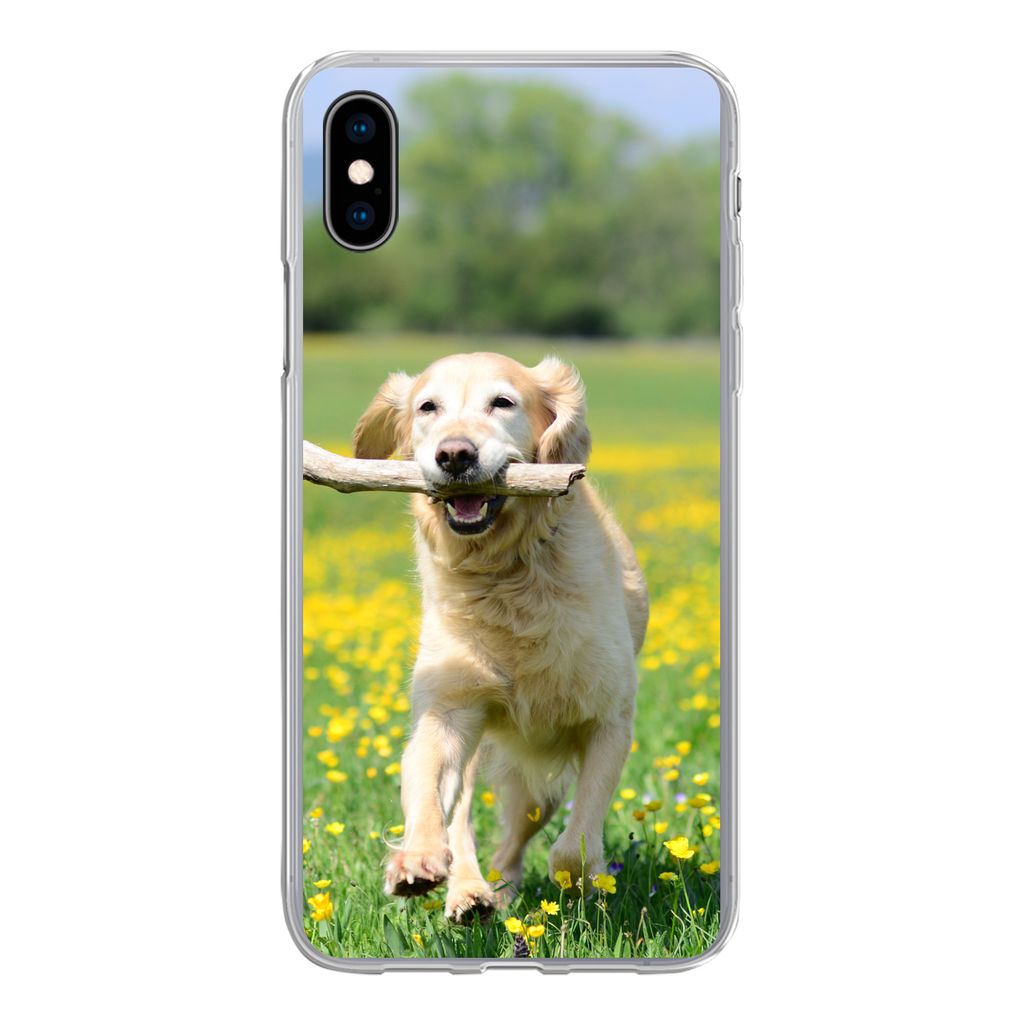 MuchoWow Handyhülle Schutzhülle Hülle für iPhone Xs Golden Retriever mit einem Zweig im Maul zwischen gelben Blumen Silikon Softcase Handy H...