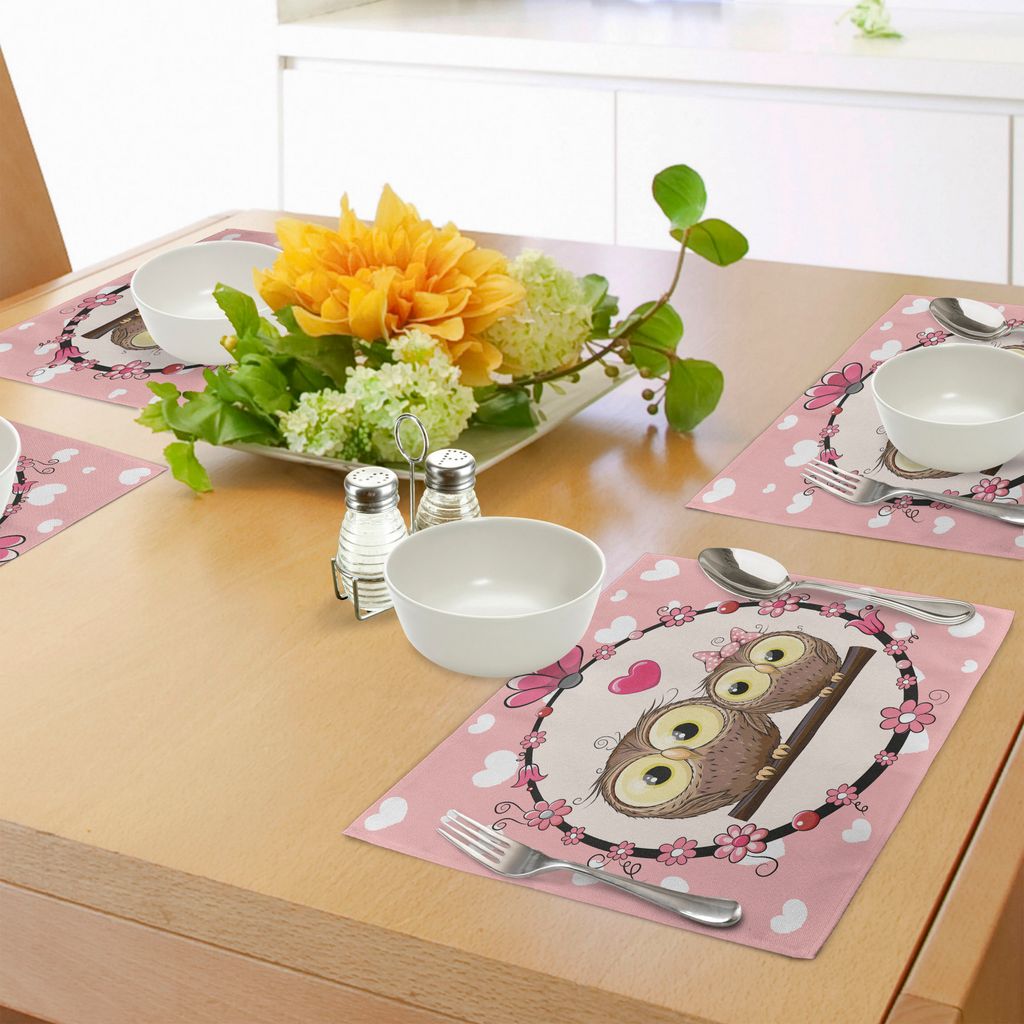 ABAKUHAUS Eulen Platzmatten, Schöne Eule Paar auf AST Blumenkranz Feierlichkeiten Fröhliche Kunst, Tiscjdeco aus Farbfesten Stoff für das Esszim...