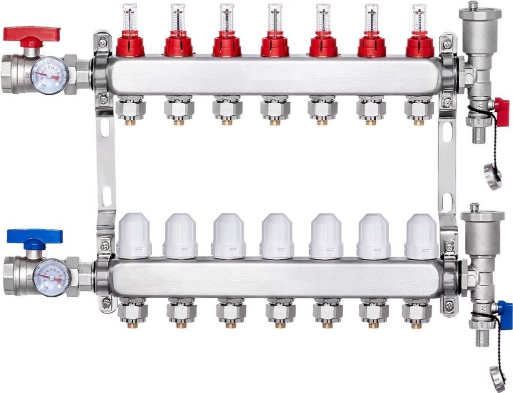Heizkreisverteiler für Fußbodenheizung - 7 Heizkreise - Durchflussanzeiger 5L/min - Effiziente Temperaturregelung