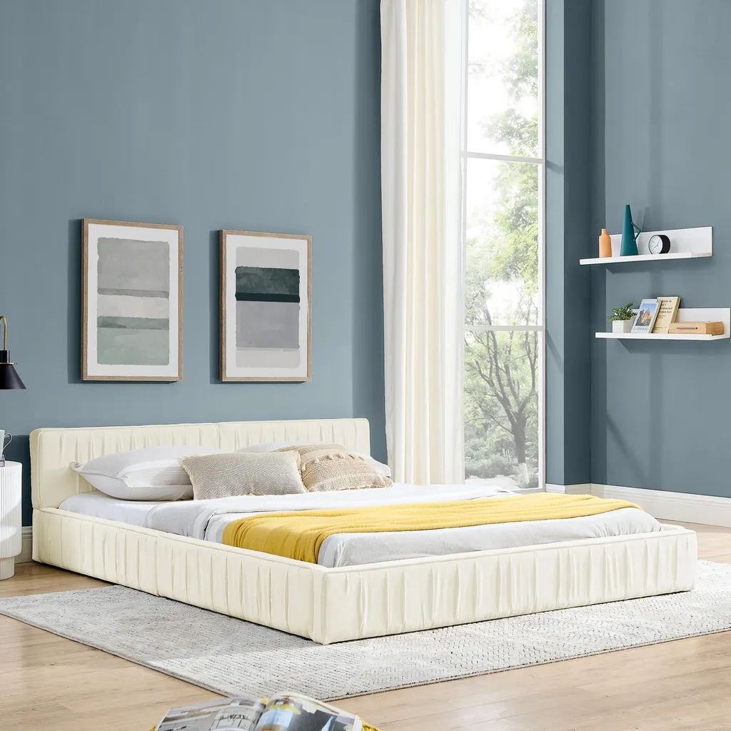 Lit Double 160x200 cm Beige en Tissu Chenille et Bois d'Eucalyptus Pur
