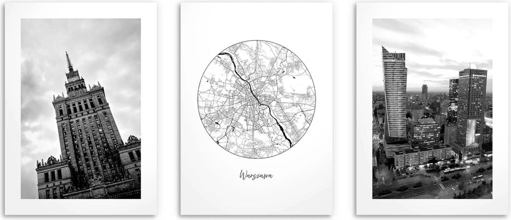 Schwarz-weiße Wandposter für das Wohnzimmer, Warschau, 3x Produktbild 