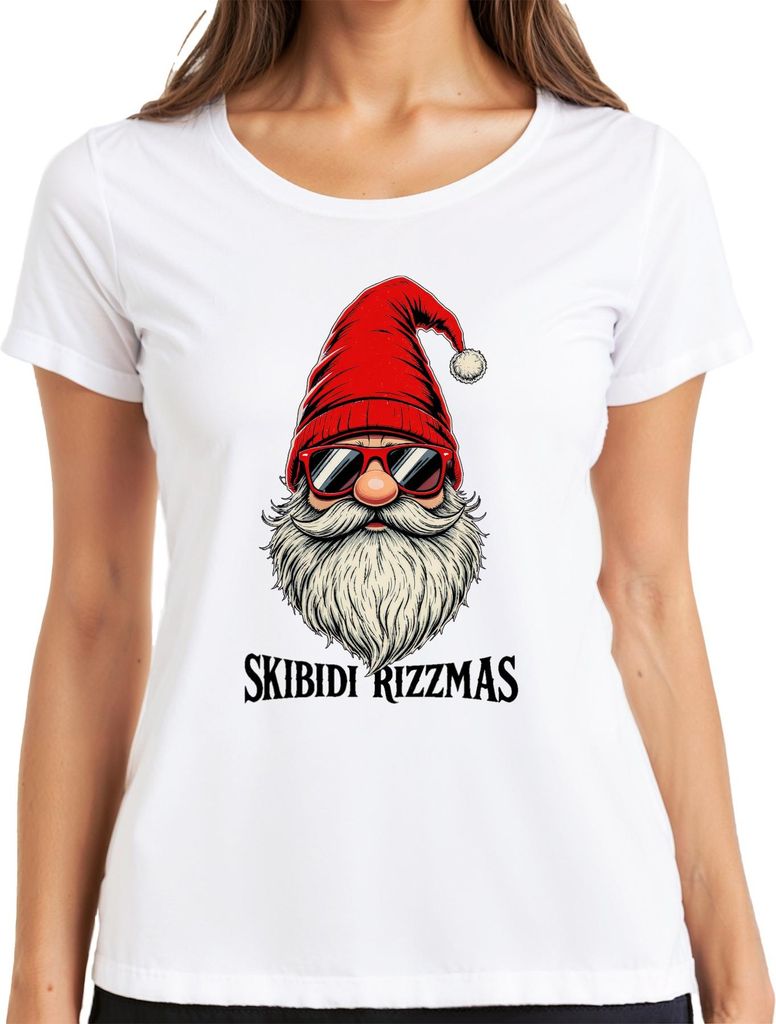 SKIBIDI RIZZMAS Weihnachtsmann Sonnenbrille Hipster Mütze Bart Damen T-Shirt, Weiß, M