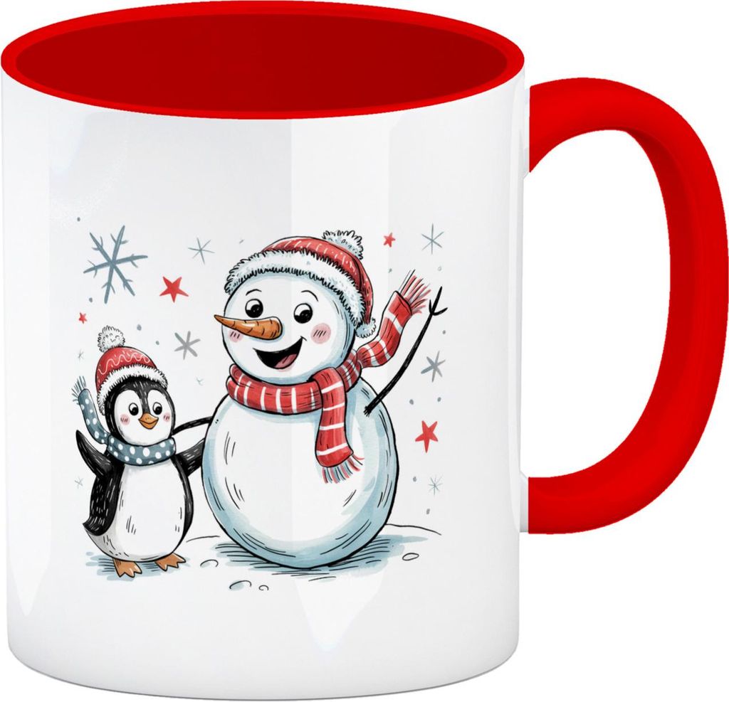 Schneemann Pinguin Kaffeebecher in rot für Winterfreunde