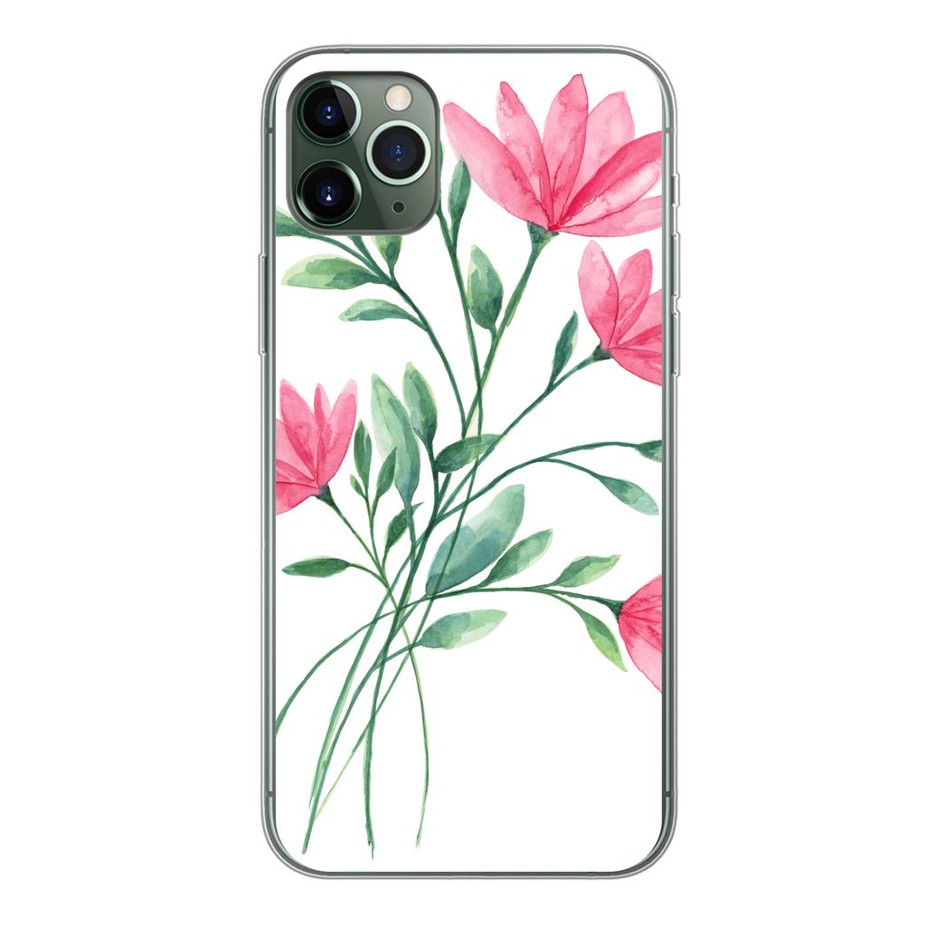 MuchoWow Handyhülle Schutzhülle Hülle für iPhone 11 Pro Max Blumen - Aquarell - Rosa Silikon Softcase Handy Hülle - Schutz