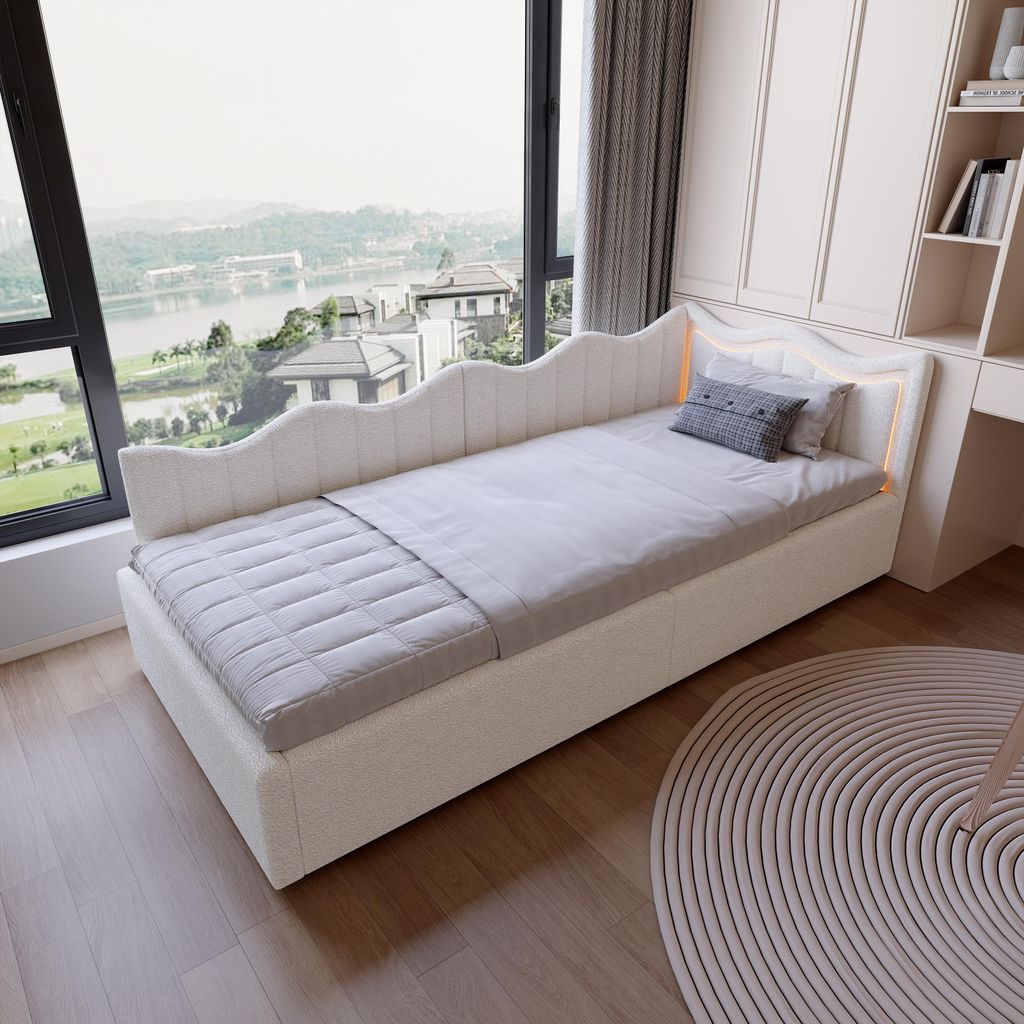 ProximaX Polsterbett 90×200 cm in Weiß, Teddy-Stoff, mit LED-Beleuchtung, Gasdruckfeder und Stauraum – multifunktionales Sofa- & Kinderbett