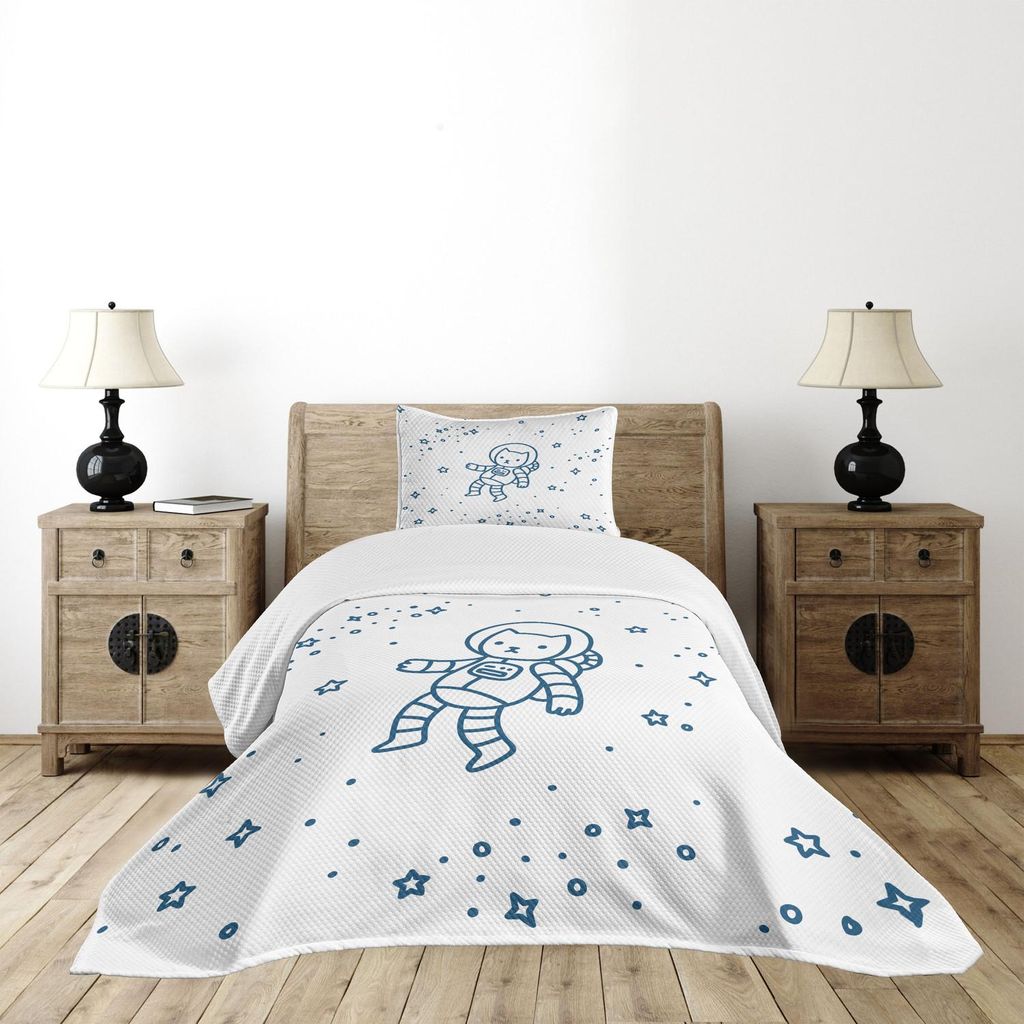 ABAKUHAUS Katze Tagesdecke Set, Niedliches Cartoon-Astronaut-Pionierkatze-Fliegen in Weltraum-Gekritzel-Art-Konstellation, 170 x 220 cm, Dunkelblau