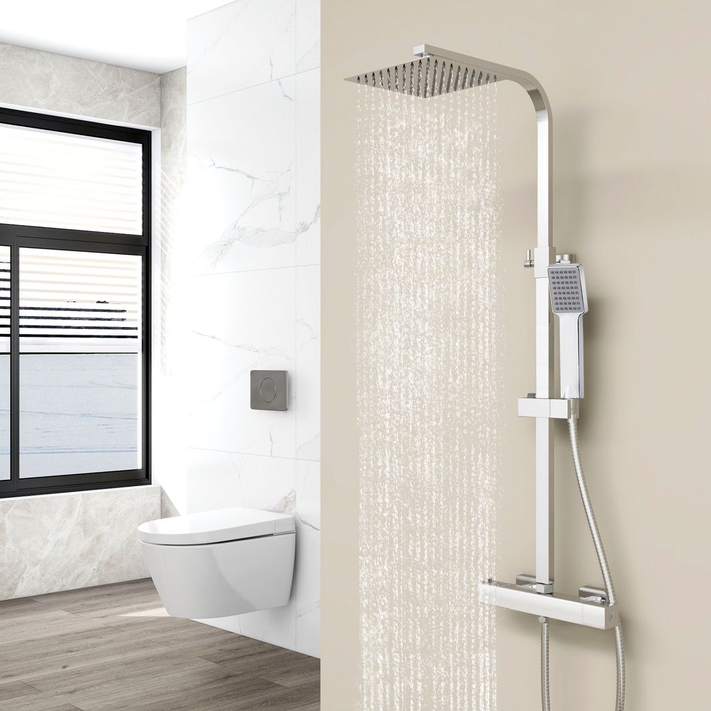 Duschsystem mit Thermostat 38°C Duscharmatur Chrom Regendusche Duschset Dusche inkl. Regal verstellbarer Edelstahl Duschstange Duschset