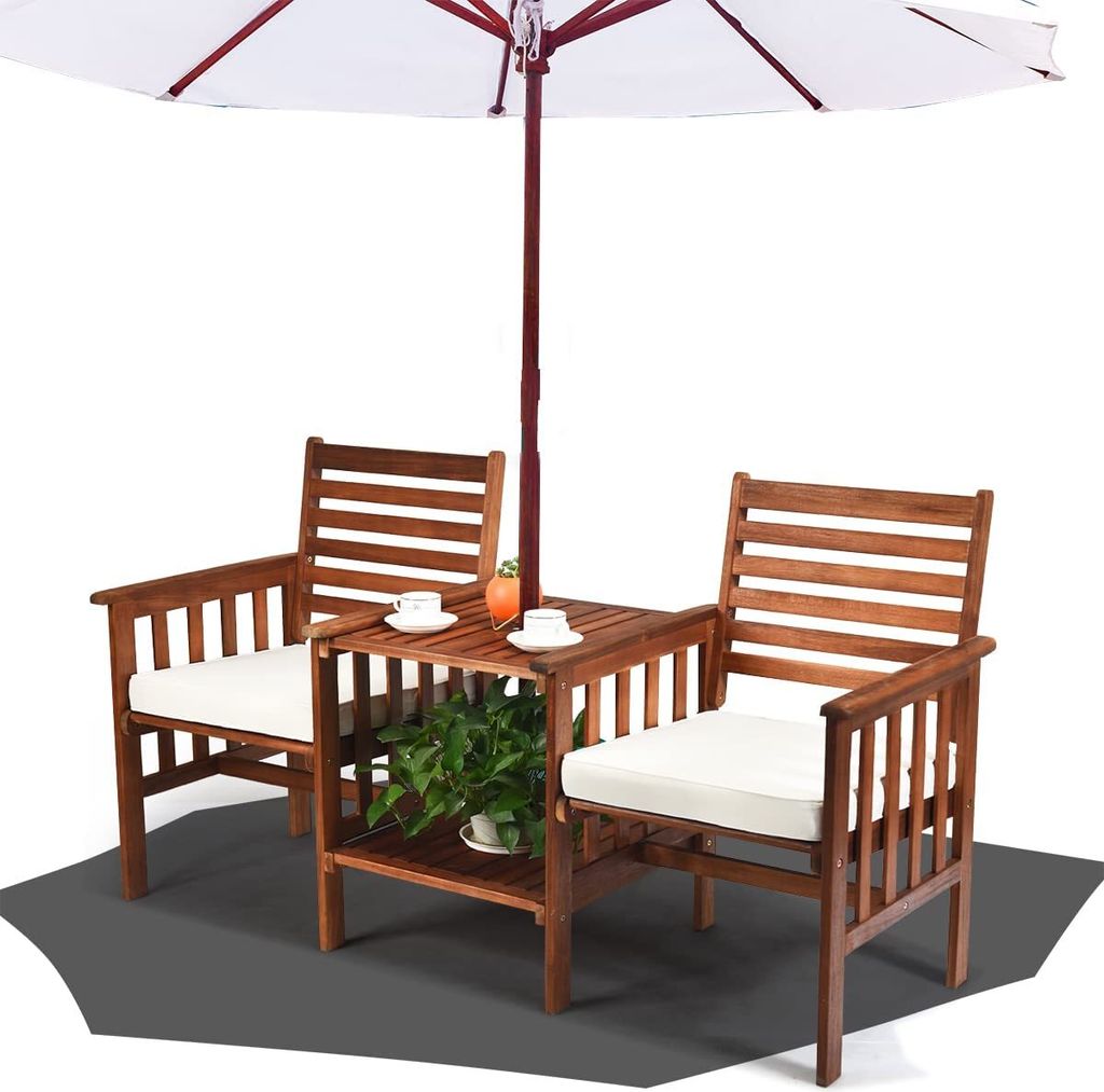 KOMFOTTEU 3tlg. Gartenmöbel Set, Balkongruppe aus Akazienholz, Gartengruppe mit Schirmloch, Sitzgarnitur & Bierzeltgarnitur mit abnehmbaren Kissen...