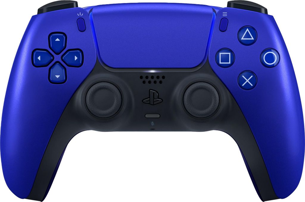 A blue and black PlayStation 5 DualSense wireless controller is shown against a white background.