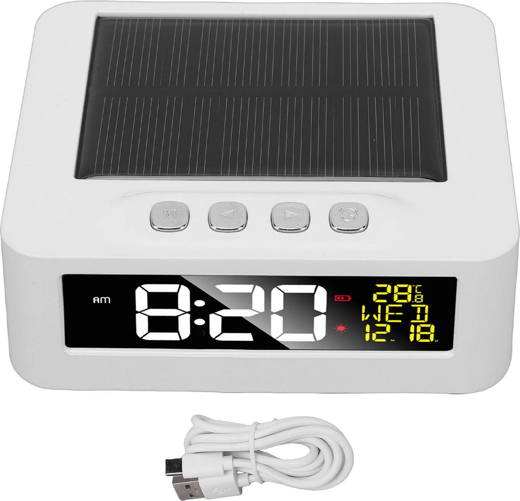 Solarbetriebene Autouhr 12h 24h LCD-Uhr für Autos mit Daten- und Temperaturanzeige Zwei Alarme Müdigkeitswarnung für Lkw Weiß