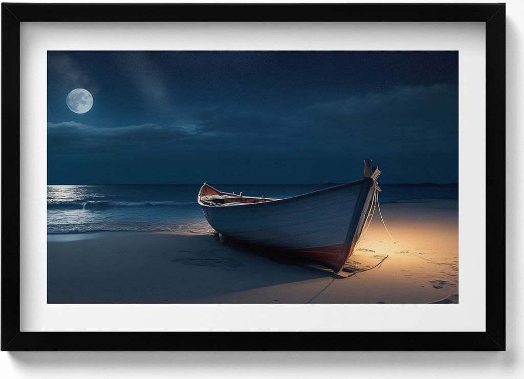 Boot auf der Strandbirke bei Nacht– Wandbild mit Rahmen – Gerahmtes Bild – Wanddekoration – 60x40 cm – Schwarz Rahmen
