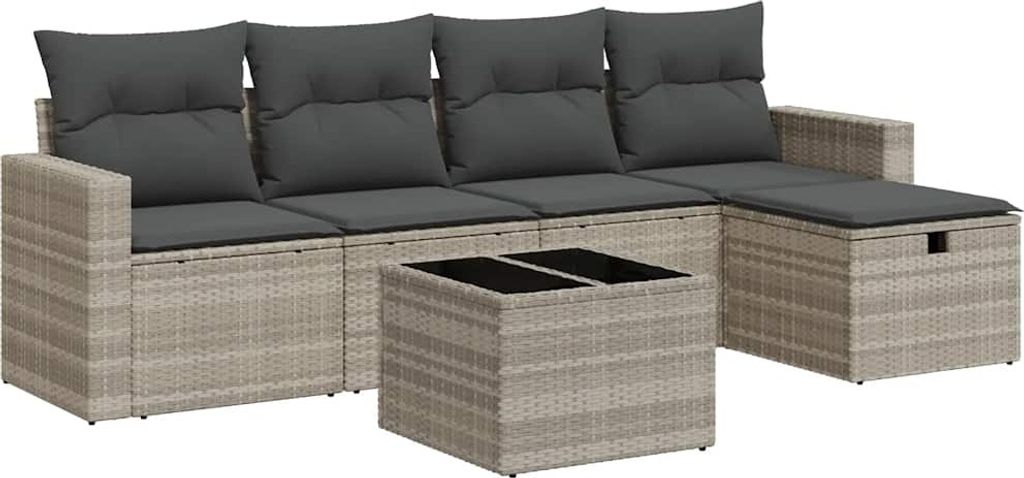 vidaXL 6-tlg. Garten-Sofagarnitur mit Kissen Hellgrau Poly Rattan