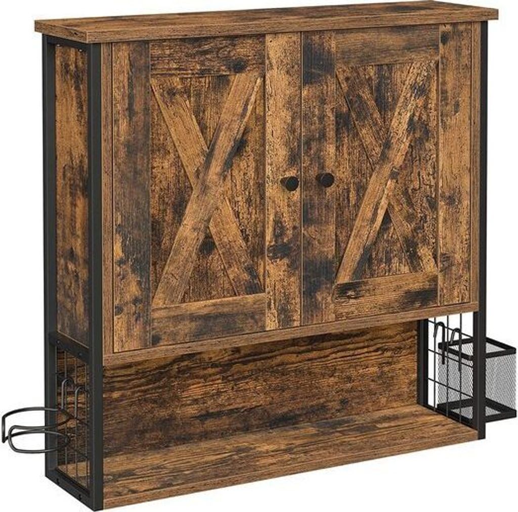 A rustic-style wall-mounted cabinet with two doors and open shelving below.