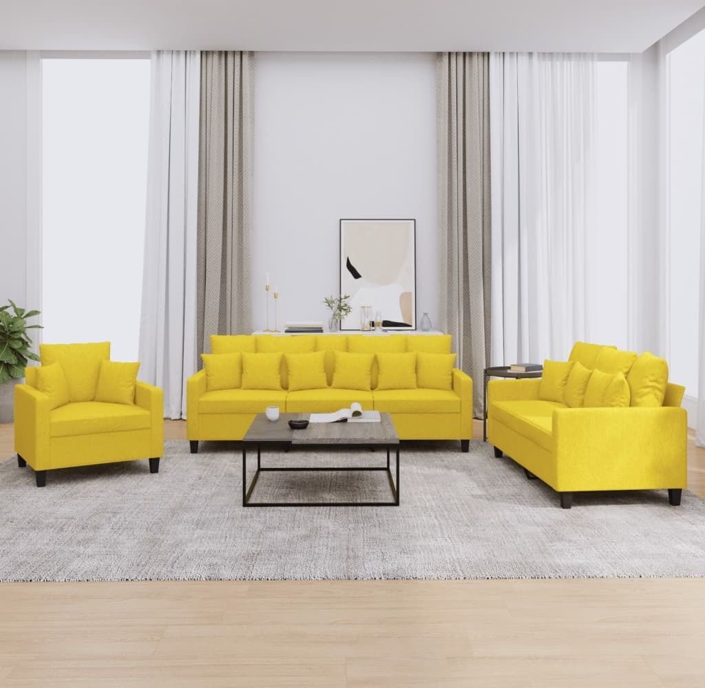 3-tlg. Sofagarnitur mit Kissen Hellgelb Stoff 3201637