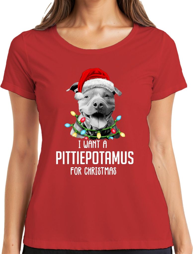 I Want A Pittiepotamus For Christmas Pitbull Santa Hat Funny Gift Damen T-Shirt, Rot, M