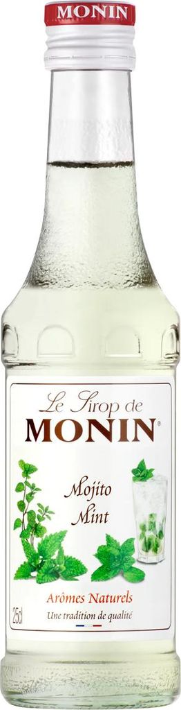 A bottle of Monin Mojito Mint syrup on a white background.