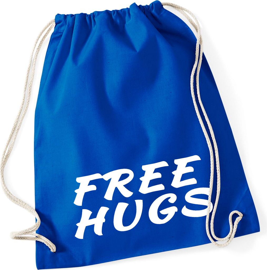 Huuraa Turnbeutel Free Hugs Schriftzug 12 Liter Bright Royal Baumwolle Rucksack Geschenkidee