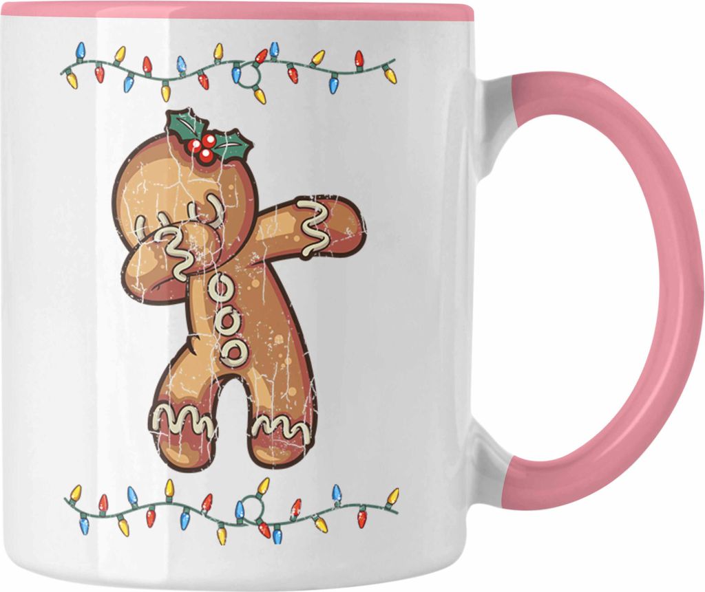 Trendation - Weihnachten Tasse Lebkuchenmann für Kinder Weihnachtstasse Lustig Geschenk Becher Jungs Jungen Mädchen Cute Lebkuchen Grafik (Rosa)