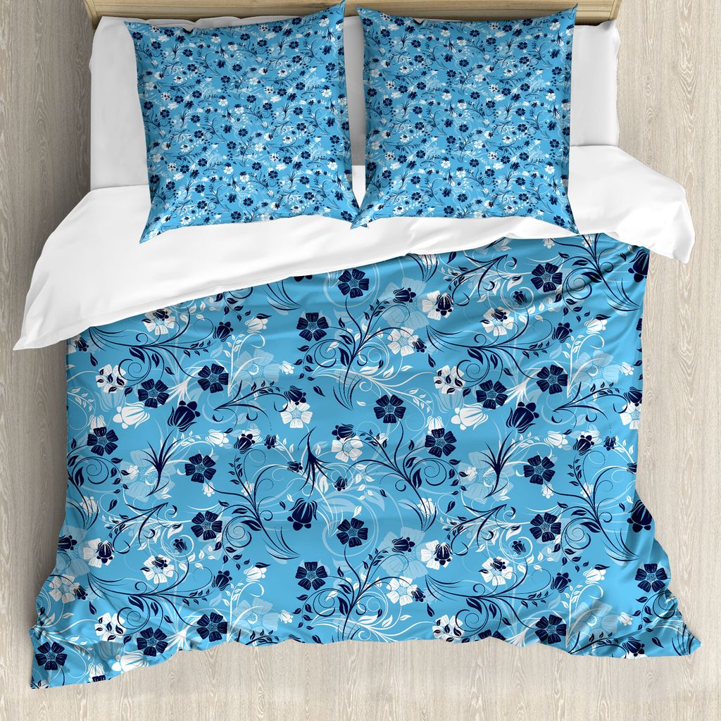 ABAKUHAUS Blumen Bettbezug, Shabby Pflanzen Petals, Milbensicher Allergiker geeignet mit Kissenbezügen, 155 cm x 220 cm - 80 x 80 cm, Dunkelblau W...