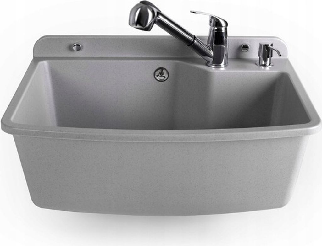 A gray sink with a faucet and soap dispenser against a white background.