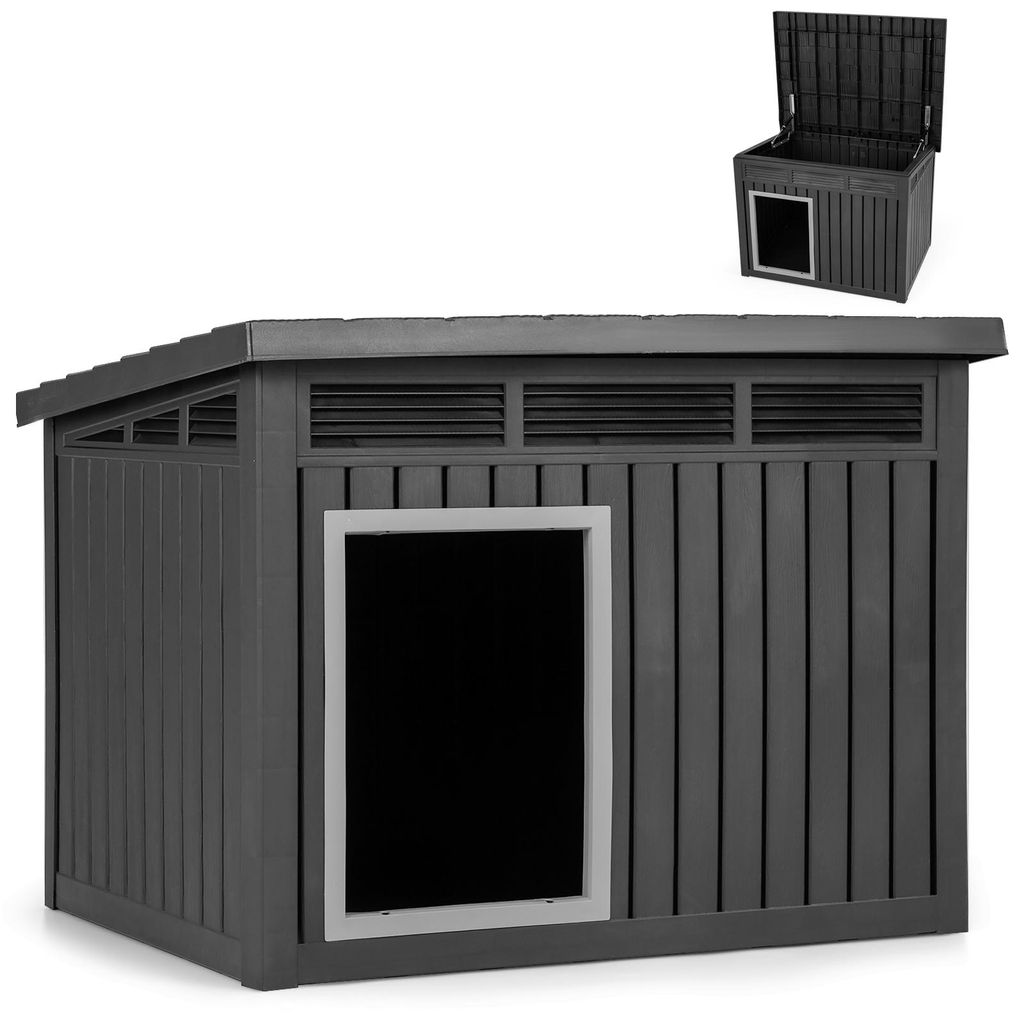 COSTWAY 81x64x61 cm Hundehütte für Outdoor & Indoor, Hundehaus mit aufklappbarem Schrägdach, Entwässerungslöcher, Gasdruckfeder&Belüftungsöf...