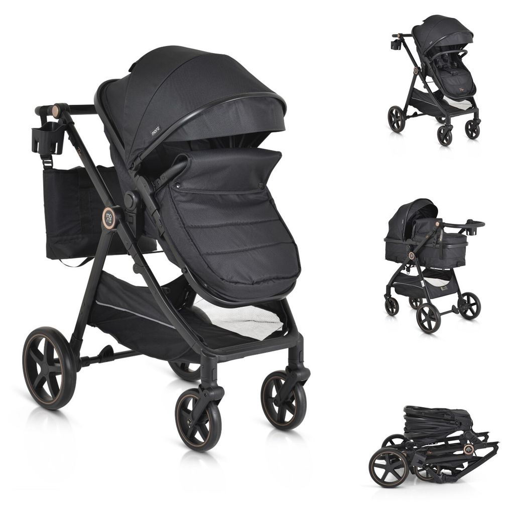 Moni Kinderwagen 2 in 1 Tokyo 22 kg umbaubar Wickeltasche Stoßdämpfer klappbar schwarz