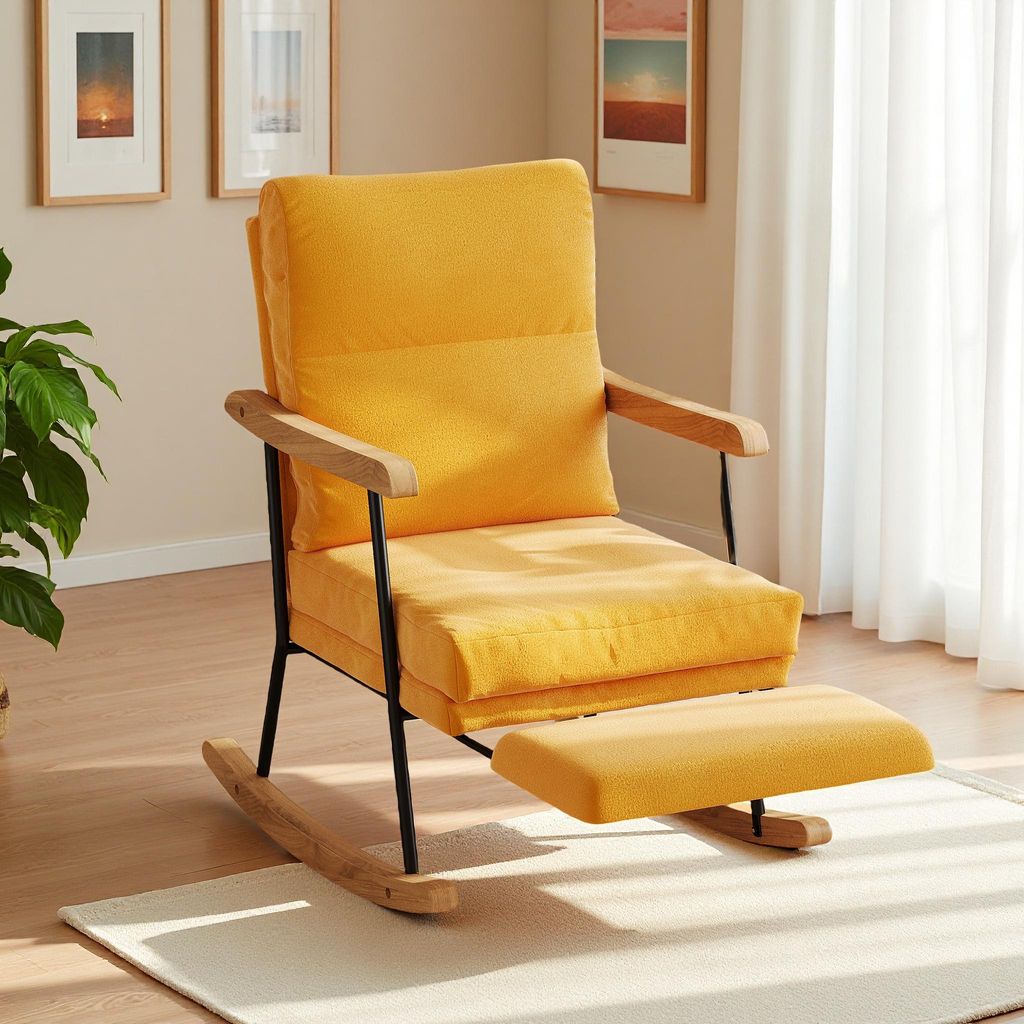ProximaX Rückenlehnen-Schaukelstuhl – Baumwoll-Leinen-Mix Gelb, Mit Gleitsockel, Leise & Stabil – Ideal für Wohnzimmer und Balkon