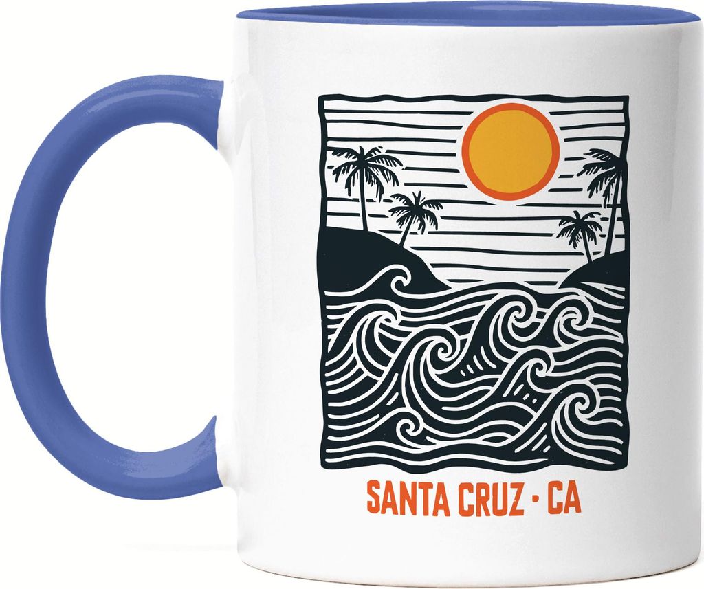 Santa Cruz Tasse Blau – Modernes Surfer Motiv mit Palmen & Wellen, Kalifornien Line-Art Geschenkidee