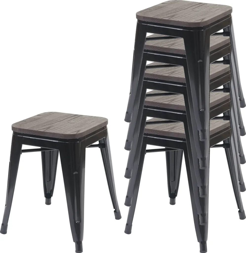 Lot de 6 tabourets HWC-A73 en métal noir avec assise en bois naturel