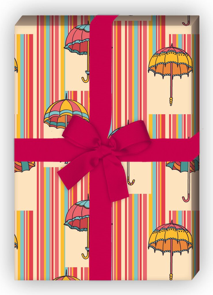 Lustiges Regen Streifen Geschenkpapier mit fliegenden Regenschirmen, gelb - G10142, 32 x 48cm