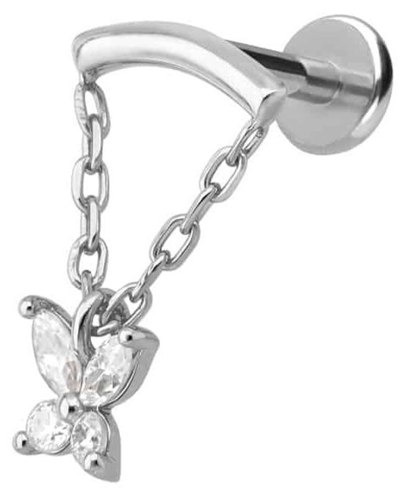 Ohrpiercing, Nasenpiercing Titan Labret mit Innengewinde + 925er Silber Aufsatz MOISSANIT-SCHMETTERLING+ BOGEN + KETTE WeißGold Stablänge: 7mm | ...