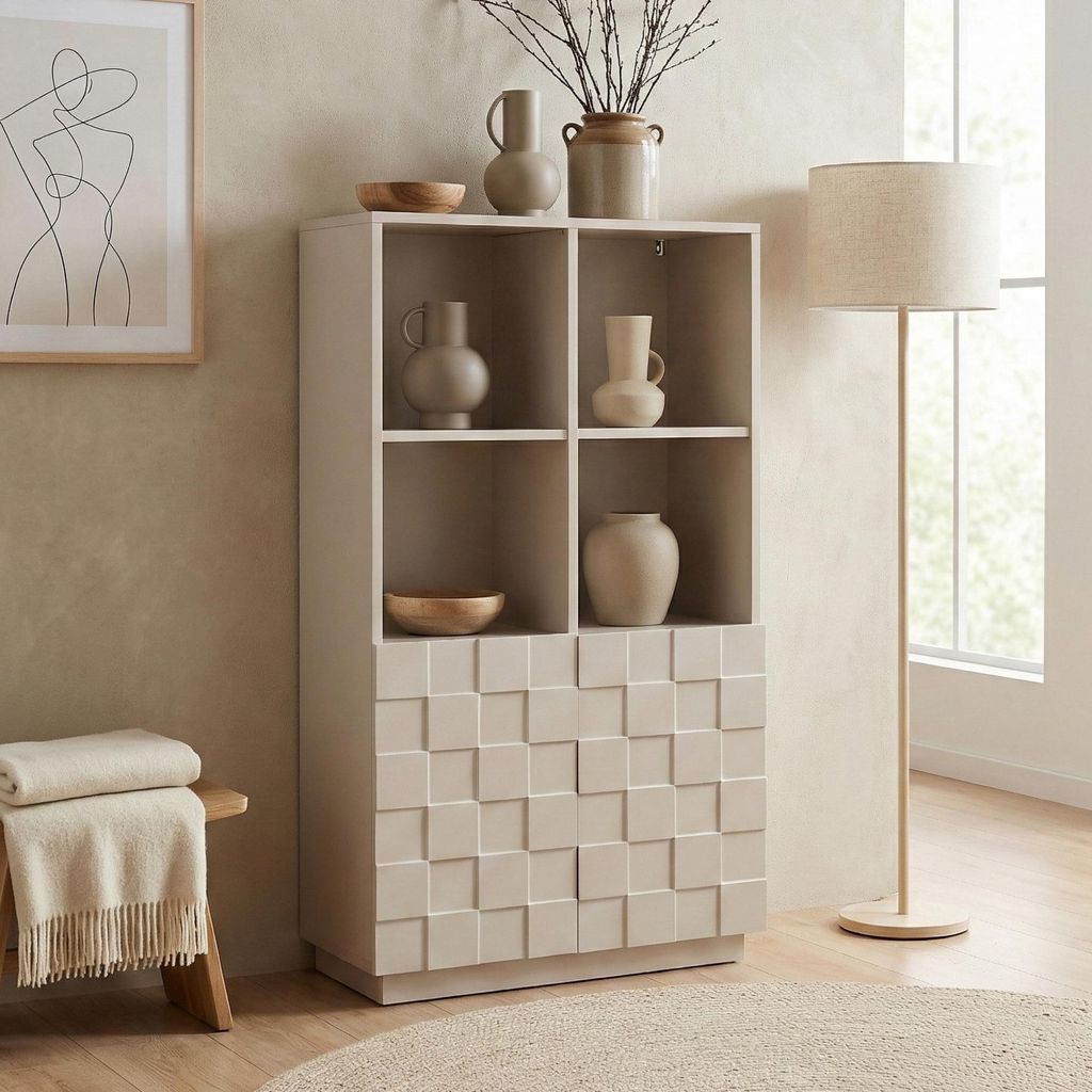 Highboard ‘Bopibobro’ mit 2 Türen 3D-Front 4 Fächer 118 x 64 x 30 cm Beige