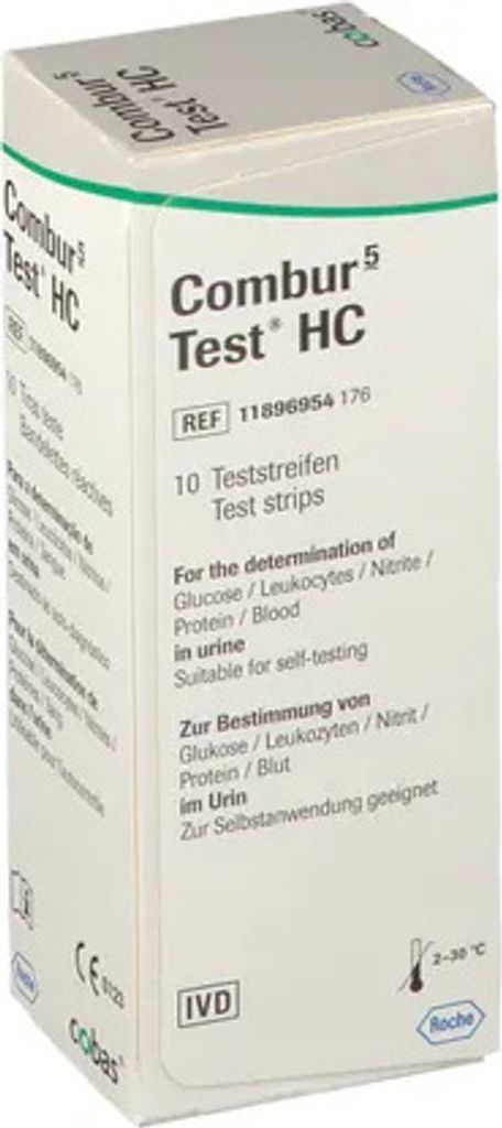 A product shot of a box of Roche Combur 5 HC urine test strips.